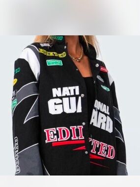 Edikted Black Bomber Jacket with White and Red Graphic Logos